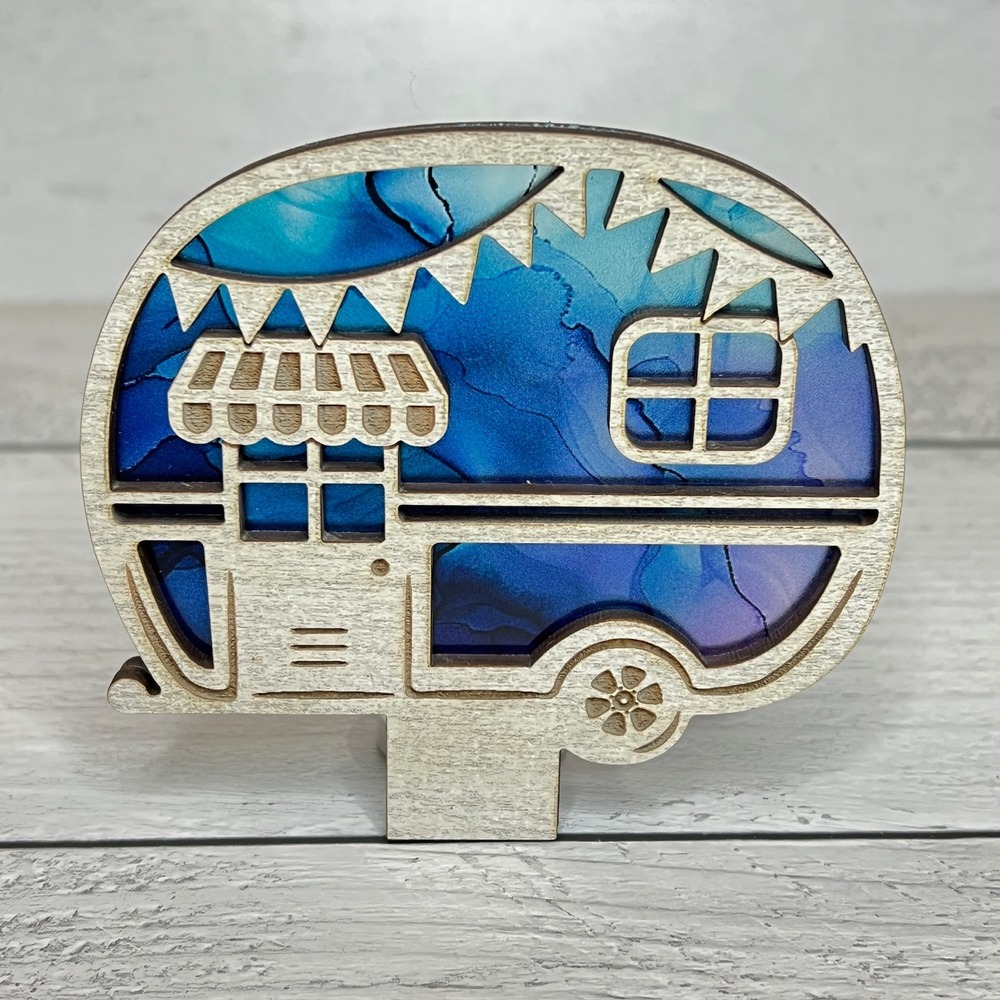 Handmade Wood Vintage Retro Camper Night Light Blue‎ Purple Alcohol Ink Art